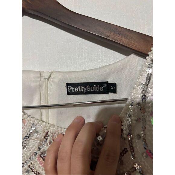 Pretty Guide Women's Size Small Beige Crystal Embellished Party Dress Fringe - Picture 5 of 8